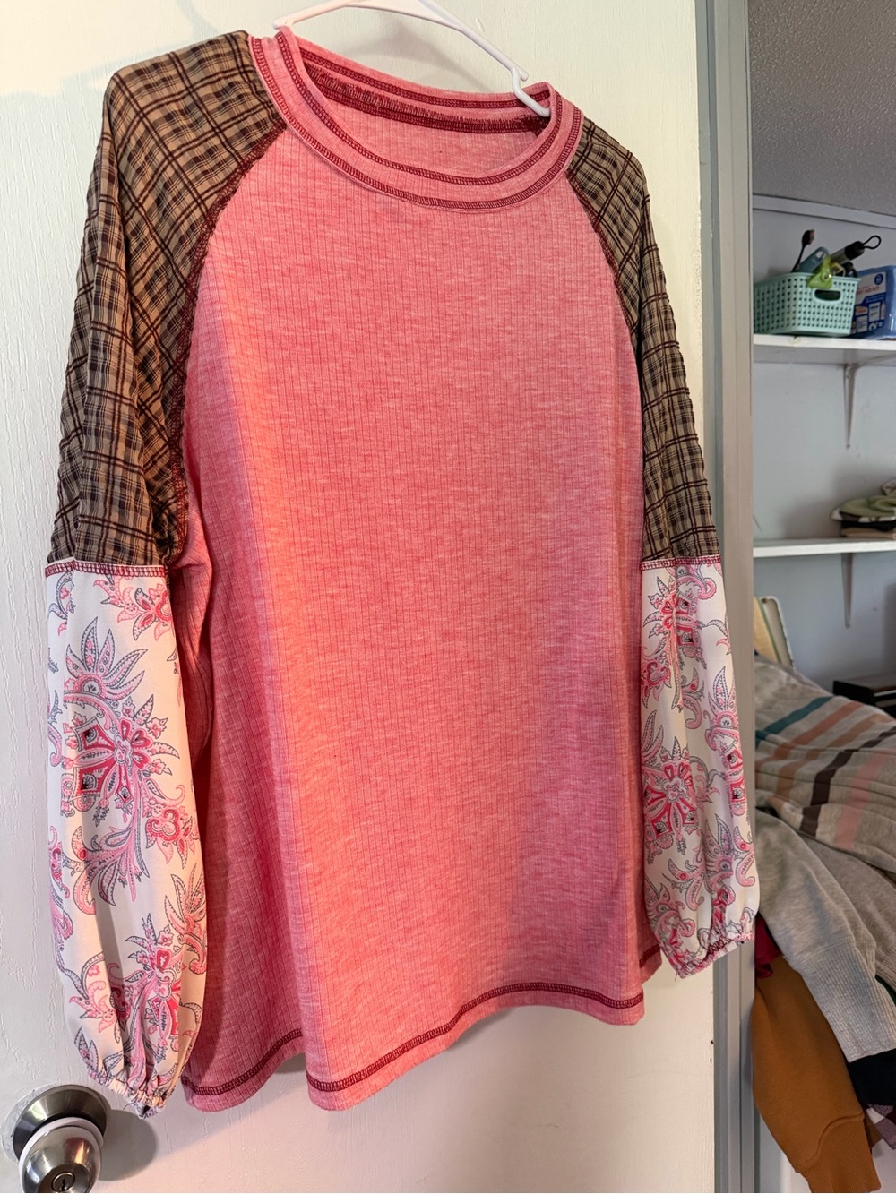 Pink Mixed-Print Raglan Top with Paisley Sleeves